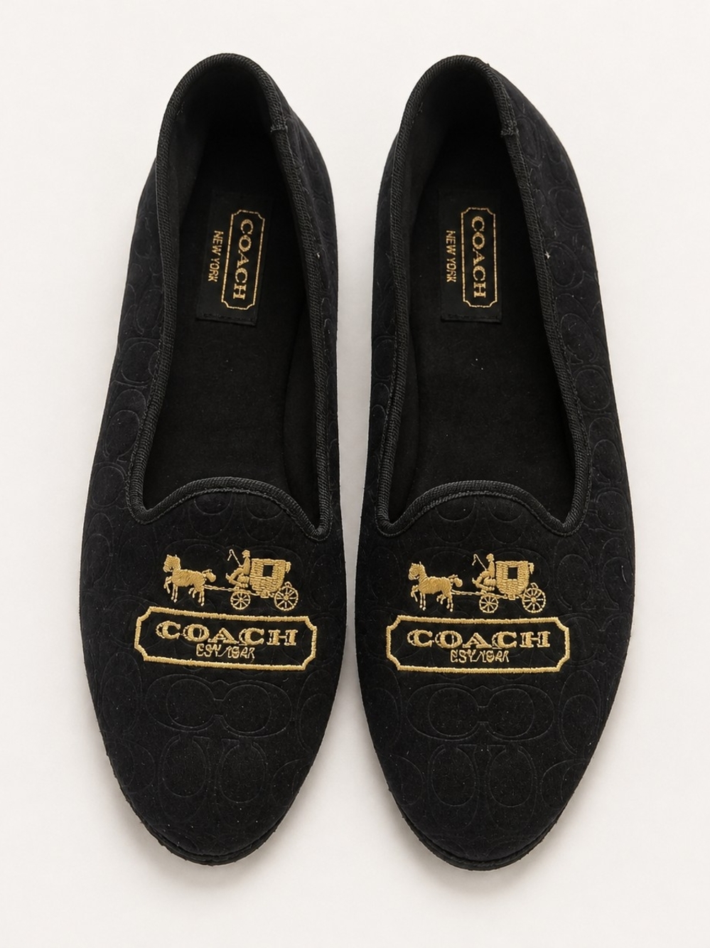 Coach Black Velvet Slip-On Flats with Gold Embroidered Logo